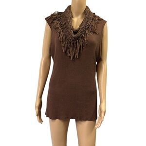 Pop ulation Brown Fringed Cowl Neck Ribbed Knit Sleeveless Top Womens XL